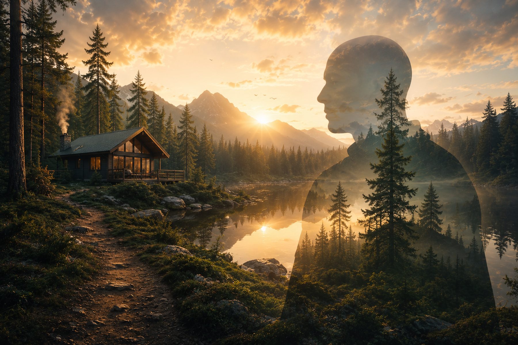 A double-exposure of a man's silhouette overlaid with a mountain forest at golden hour, a cabin by a still lake in the distance.
